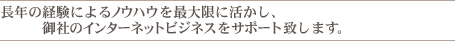 長年の経験によるノウハウを最大限に活かし、
御社のインターネットビジネスをサポート致します。